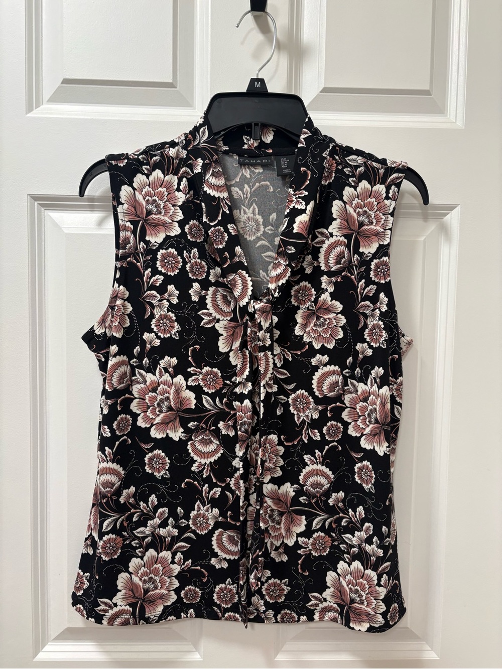 Tahari Black & Blush Floral Tie-Neck Sleeveless Top